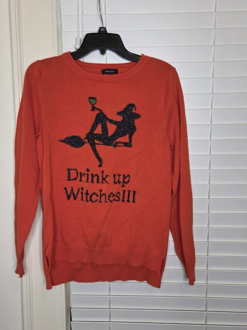 Womens Halloween Sweater L Drink Up Witches Costume Party Orange glitter bling